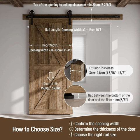 Beefy Sliding Barn Door Hardware Kit showing fitting measurements and door weight capacity on a wood door setup