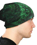 Side view of man wearing Fractal Antenna Dope Green Beanie For Running And Cycling One Size Fits All Stretchy Thin Skull Cap Casual Bonnet Hat