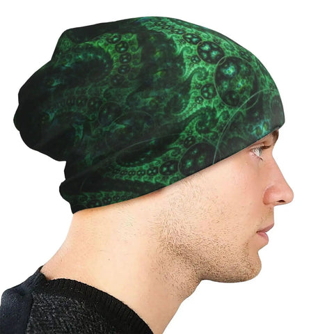 Side view of man wearing Fractal Antenna Dope Green Beanie For Running And Cycling One Size Fits All Stretchy Thin Skull Cap Casual Bonnet Hat