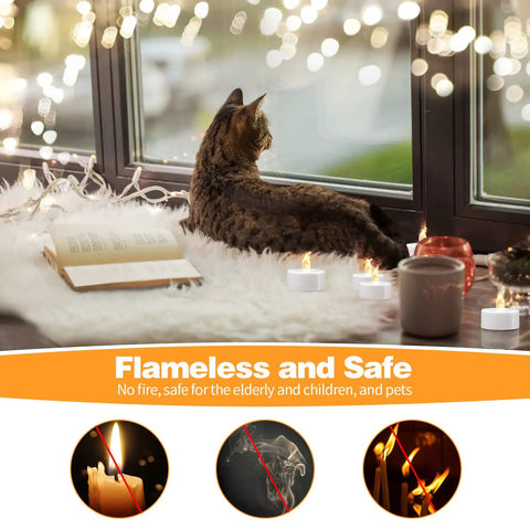 Cat relaxing by window with 50 Pack Warm White LED Tea Lights Flickering Flameless Battery Operated Candles For Decor