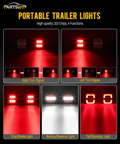 Partsam portable trailer light kit collage showing red stop/turn/reverse LEDs and white backup LEDs; Partsam logo visible
