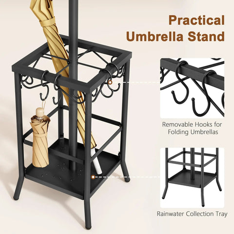 Freestanding Coat Rack With Umbrella Holder, Metal Coat Tree With 12 Hooks Stand, focusing on umbrella holder details, black finish