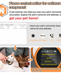 Pet Microchip Scanner With 1.44 Inch OLED Display Reads 134.2kHz And 125kHz Chips 15 Digit ID Bluetooth Data Sync History Delete No Fuss Upload All In One RFID Reader For Pets showing screen details and scanning a cat.