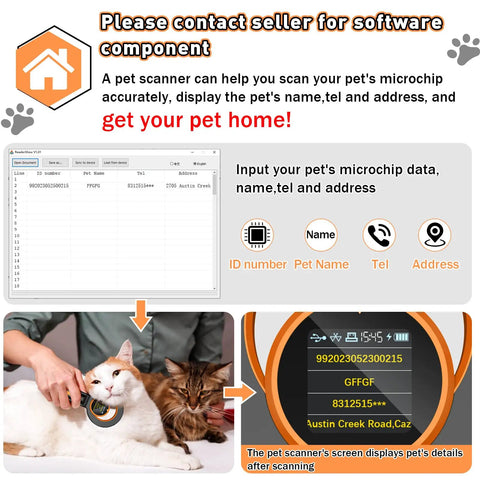 Pet Microchip Scanner With 1.44 Inch OLED Display Reads 134.2kHz And 125kHz Chips 15 Digit ID Bluetooth Data Sync History Delete No Fuss Upload All In One RFID Reader For Pets showing screen details and scanning a cat.