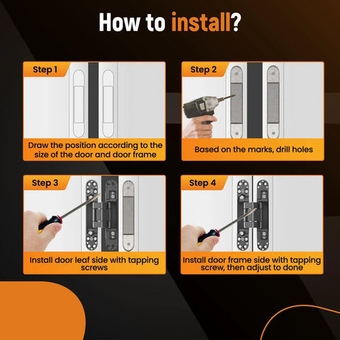 Installation guide for 7 Inch Invisible Door Hinge Set For Heavy Doors With 180 Degree Concealed Opening 3 Way Adjustable High Load Capacity Supports Up To 177 Lbs Fits Door Thickness Over 45mm Black Finish 2 Pack By MaXpeedingrods.