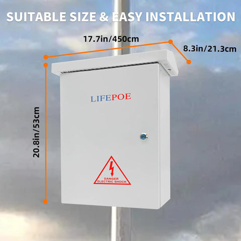 Kickass Weatherproof Outdoor Electrical Box Heavy Duty Cold Rolled Steel Enclosure in white, dimensions 17.7x20.8x8.3 inches.