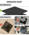 Comparison of matte black 4 inch square shower drain with ABS flange and other products, showing improved paint quality.