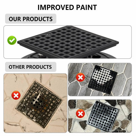 Comparison of matte black 4 inch square shower drain with ABS flange and other products, showing improved paint quality.
