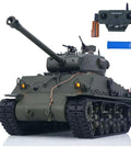 One Sixteenth Scale RC Sherman M4A3 E8 Fury Edition Tank With Infrared Battle BB Shooting Elevating Barrel Hull Smoke 360 Degree Turret Rotation Metal Chassis And Tracks For Realistic Military Action with controller and battery