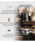 Top Tier Espresso Coffee Distributor And Leveler With Adjustable Depth For 58.35mm Portafilters, showing pressure regulating ring design and grounds.