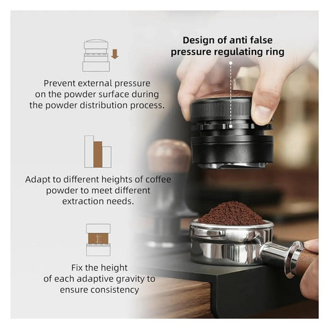 Top Tier Espresso Coffee Distributor And Leveler With Adjustable Depth For 58.35mm Portafilters, showing pressure regulating ring design and grounds.