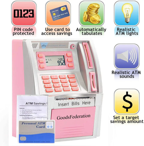 Dope ATM Piggy Bank For Real Money With Card Access And 4 Digit PIN Balance Checker With Voice Prompts Coin Recognition