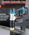 Cordless Hydraulic Hole Punch For Metal Two Battery Power 150 Millimeter Throat Depth Beefy Heavy Duty Sheet Metal Punch 5 Second Punch Time Portable Electric Puncher With 6 Dies, shown punching sheet metal.