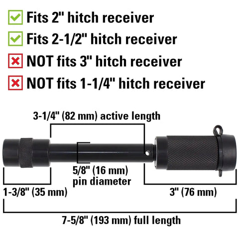 Diagram of Extra Long Five Eighths Inch Trailer Hitch Lock Pin For Two Inch And Two And A Half Inch Receivers showing dimensions.