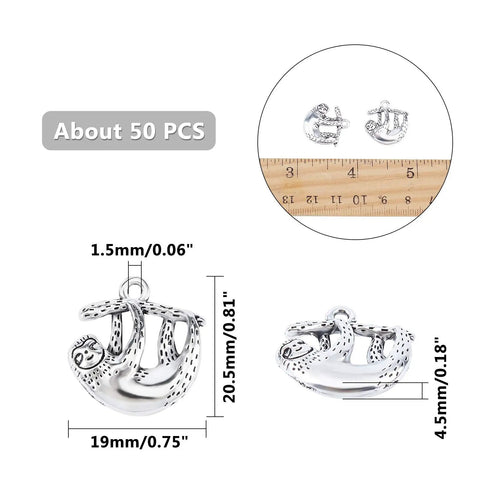 50Pcs Silver Alloy Sloths Charms Pendants For DIY Jewelry Making And Crafting Tibetan Style Antique Silver Finish with measurements