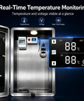 Lockable Outdoor EV Charger Box Wall Mount Enclosure With Smart Temp Control Auto Cooling Fan showing real-time temperature monitoring display.