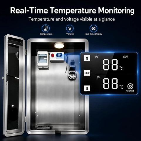 Lockable Outdoor EV Charger Box Wall Mount Enclosure With Smart Temp Control Auto Cooling Fan showing real-time temperature monitoring display.