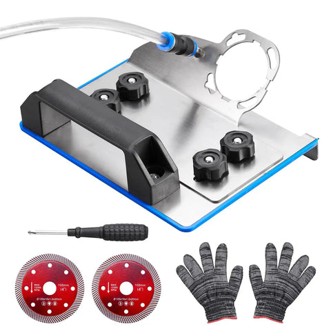 45 Degree Tile Chamfering Tool For Angle Grinders With Adjustable Chamfer Angle Delivers Pro Grade Clean Professional Edges On Ceramic Tiles And Easy Setup Compatible With Type 100 Grinders, shown with accessories including blades, gloves, and screwdriver