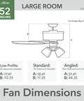 Diagram of 52 Inch Indoor LED Ceiling Fan With Pull Chain Lights, Brushed Nickel Finish showing dimensions for large room installation.