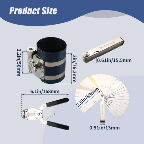 RETEPIF 3-inch piston ring compressor tool kit with sleeve, piston installer plier, and stainless steel feeler gauge