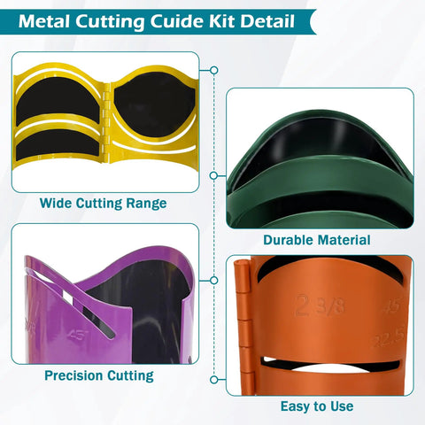 Close-up of Magnetic Metal Pipe Cutting Guide Kit For Pros With Six Diameters, showing cutting range and material details.