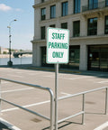 Two Pack Built Tough Reflective Parking Signs For Office Staff And Employees 18 By 12 Inch Aluminum Heavy Duty Surface Top Shelf Visibility No Nonsense Vehicle Lot Markers displayed in parking lot.
