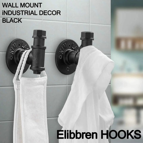 Industrial Pipe Wall Hooks Set Of 2 For Bathroom And Coat Rack, black iron mounted with towels, farmhouse style decor