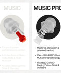 Music Pro Concert Ear Plugs That Keep Your Ears Safe And Your Sound Clean For Gigs And Live Events Up To 20dB Noise Reduction, Reusable Ear Plugs With Filter Set And Case, showing two sizes and filter details.