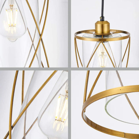 Close-up of Modern Brushed Brass Mini Pendant Light With Clear Glass Shade, showcasing brushed brass frame and glass cylinder.