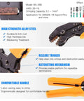 Pro Grade Ratchet Crimping Tool Kit For Wire And Dupont Pins All In One Pack With Over 500 Connectors Insulated And Non Insulated Terminals AWG 28-18 2.54mm Pin Housing And Header Set For DIY Friendly Electronics Builds shown with high strength alloy steel, release trigger, ratcheting mechanism, and comfortable handle features.
