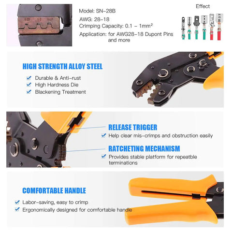 Pro Grade Ratchet Crimping Tool Kit For Wire And Dupont Pins All In One Pack With Over 500 Connectors Insulated And Non Insulated Terminals AWG 28-18 2.54mm Pin Housing And Header Set For DIY Friendly Electronics Builds shown with high strength alloy steel, release trigger, ratcheting mechanism, and comfortable handle features.