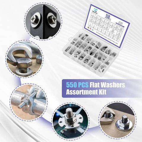 Heavy Duty Fender Washers Assortment Kit in 304 Stainless Steel, Flat Washers Set for Screws and Bolts with 550 pieces in case