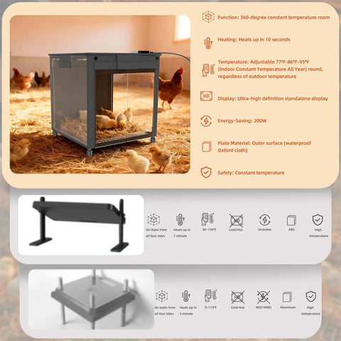 All-In-One Chick Brooder Box With Adjustable Temperature 77 To 95 F, 9 Hour Timer, 10 Second Rapid Preheat, removable feeder