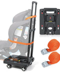 Orzbow car seat dolly for airport; four-wheeled black travel cart with adjustable handle and orange straps