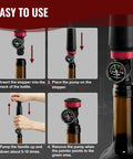 Wine Vacuum Sealer With Real Time Pressure Gauge And Hand Pump on bottle, black and red stopper, easy use steps