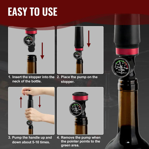 Wine Vacuum Sealer With Real Time Pressure Gauge And Hand Pump on bottle, black and red stopper, easy use steps