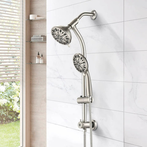 Dual Shower Head Combo Delivers Top Tier High Pressure Flow And Forty Eight Custom Settings With Sleek Brushed Nickel Finish Includes Smooth Adjustable Rail No Drill Setup Three Way Diverter For Relaxing Bathroom Spa Days