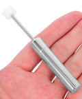Quiet Close Trash Can Lid Damper Kit 6 Pack 55 to 59 Newtons Hydraulic Soft Close Mechanism showing durable nickel-plated design on a hand