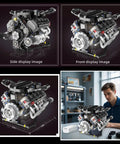 8 Cylinder Visible Engine Kit With App Controls, Build Your Own Mini Engine Model With 715 Plus Pieces, side and front view