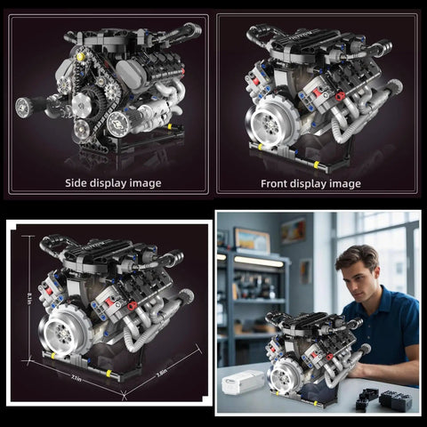 8 Cylinder Visible Engine Kit With App Controls, Build Your Own Mini Engine Model With 715 Plus Pieces, side and front view