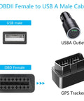 Diagram showing OBDII Female To USB A Male Power Cable 3.3ft OBD2 To USB Power Connector used with GPS tracker and USBA outlet for cars