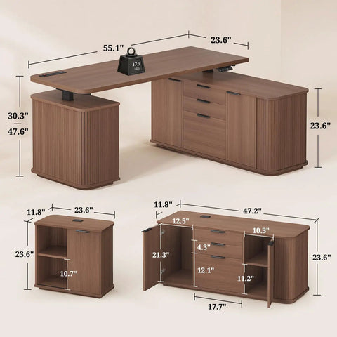 Hustle Ready L Shaped Electric Standing Desk Height Adjustable Executive Table With Walnut Finish showing dimensions and features.