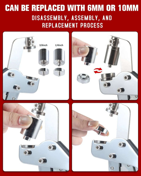 Disassembly of Pro Grade Grommet Kit With Hammer And Bag Includes 200 10mm And 300 6mm Grommets shown in steps