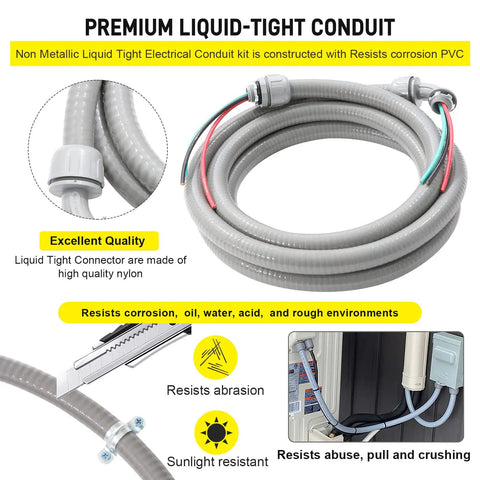Straight Up Built Half Inch By 4 Feet Non Metallic Liquid Tight AC Whip Kit With Top Shelf 10 Gauge Copper Wire and Brass Fittings Ready To Roll For HVAC Setup, showing liquid-tight conduit.