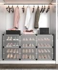 Space Saving 6 Tier Shoe Rack Organizer Holds 24 Pairs Free Standing Stackable Shoe Cabinet With 2 Versatile Hooks For Bedroom Black Durable Easy Assembly Ideal For Closets Dorms Entryways No Drama shown inside a closet with clothes.