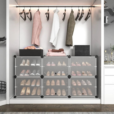 Space Saving 6 Tier Shoe Rack Organizer Holds 24 Pairs Free Standing Stackable Shoe Cabinet With 2 Versatile Hooks For Bedroom Black Durable Easy Assembly Ideal For Closets Dorms Entryways No Drama shown inside a closet with clothes.
