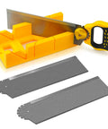4-Piece Miter Box And Saw Set With A 3.95 Inch By 12 Inch Extra-Wide Miter Box And Three Saws For Heavy-Duty Cuts, Includes Saw For Precise Miter And Bevel Cuts In Woodworking And DIY Projects, showing yellow miter box and two saw blades.