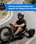 Person using ergonomic universal go kart seat with backrest for racing drift cars and balance vehicles on track, driving comfortably.