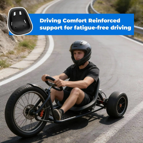 Person using ergonomic universal go kart seat with backrest for racing drift cars and balance vehicles on track, driving comfortably.