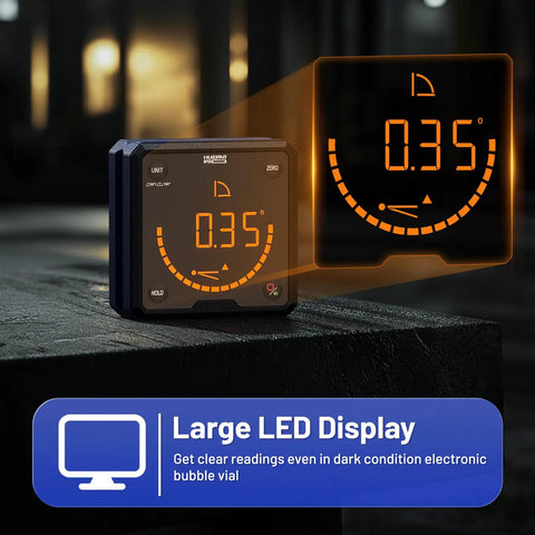 Built Tough Digital Angle Gauge And Bevel Finder With Rock Solid Magnetic Base And Bright Backlit Screen showing 0.35 degrees on LED display.